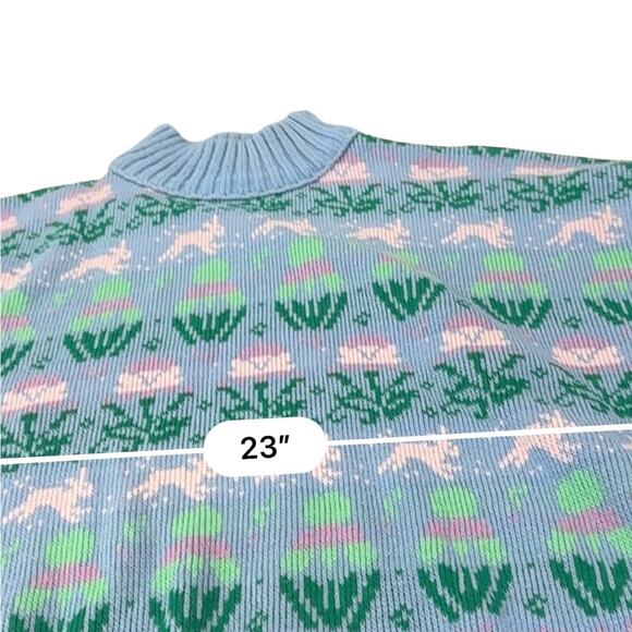 VINTAGE 80’s Pierre Cardin Blue and Green Bunny print Mock Neck Sweater Size XL - Picture 7 of 9